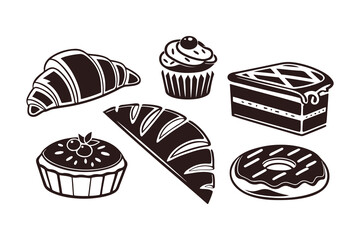 Set of Bakery and Pastry Vector Illustrations, Hand Drawn Bread, Croissant, Muffin, Donut, Cupcake, Dessert Icons Isolated on White Background