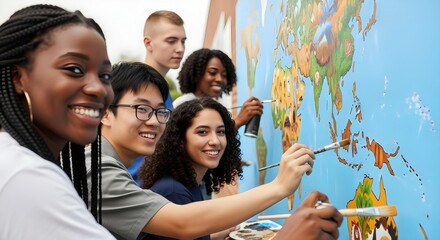 Diverse Young Adults Painting Large World Map Mural for Global Unity, Environmental Awareness & Creative Collaboration