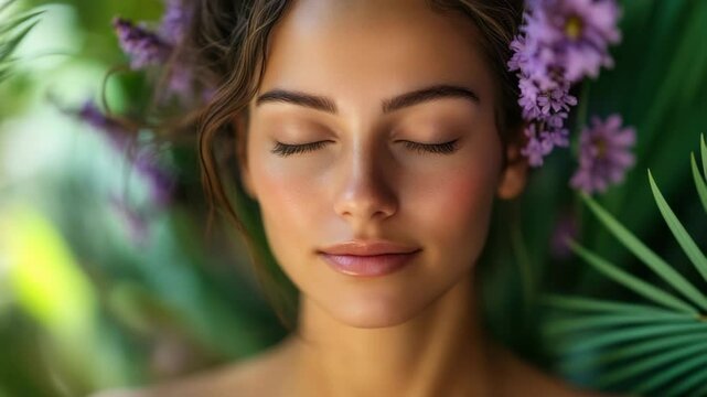 Young woman face closed eyes natural makeup purple flower green leaf beauty calm serenity portrait peaceful expression fresh skin wellness relaxation vibrant outdoor setting close up portrait