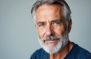 Fototapeta premium A close-up portrait of a mature man with gray hair and beard smiling gently