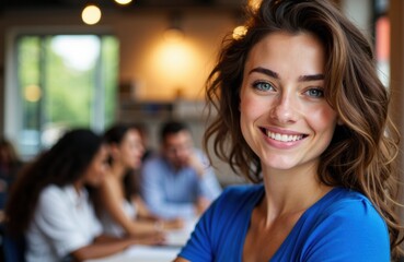 Fototapeta premium Smiling woman with wavy brown hair in a casual blue top in a bright indoor setting