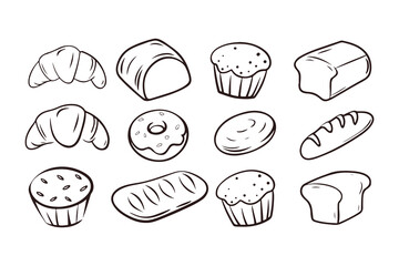 Set of Bakery and Pastry Vector Illustrations, Hand Drawn Bread, Croissant, Muffin, Donut, Cupcake, Dessert Icons Isolated on White Background