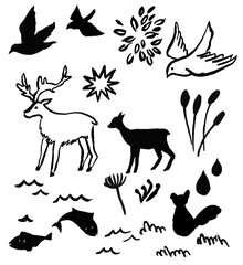 사슴과 새를 손그림으로 그린 일러스트