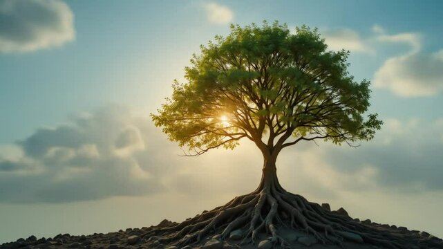 A tree growing on the ground with the sun behind it. commemoration of World Earth Day. 4k video