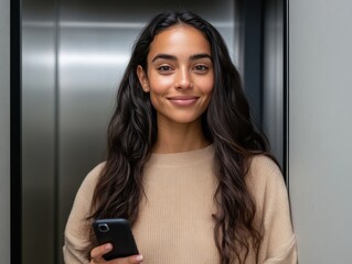 Happy Middle Eastern woman in office elevator with smartphone
