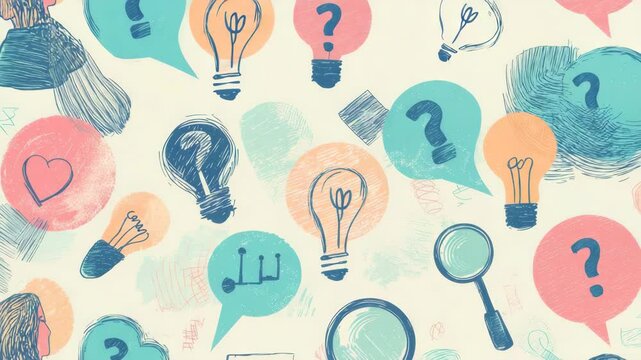 Creative idea concept featuring colorful light bulb and question mark icons speech bubbles symbolizing brainstorming and problem solving with hand drawn sketches and creativity elements combined with