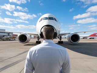 Caucasian man inspecting airplane on airport tarmac during day