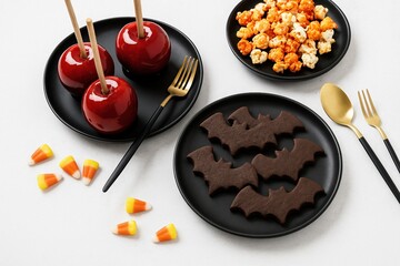 festive halloween treats with caramel apples and bat-shaped cookies on black plates with candy corn and popcorn assortment