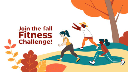 Obraz premium Join the fall fitness challenge with diverse people exercising outdoors amidst autumn foliage and vibrant colors promoting healthy lifestyle and activity