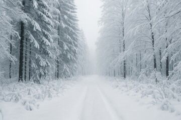Serene winter forest path covered in snow and surrounded by frosted trees creating a peaceful and tranquil snowy landscape under a misty sky