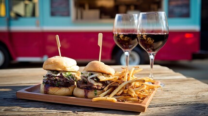 Delicious Gourmet Sliders with French Fries and Red Wine at a Food Truck