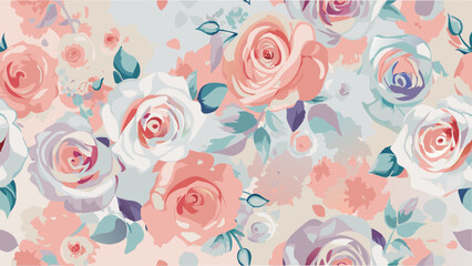 Floral pattern with roses in pastel shades of pink white and blue creating a soft romantic aesthetic
