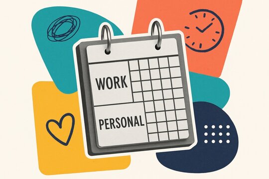 illustration of organized daily planner with sections for work and personal tasks surrounded by colorful abstract icons representing time and love