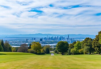 Serene park overlooking cityscape skyline; road leads to distant buildings under a vast sky, urban, roadway
