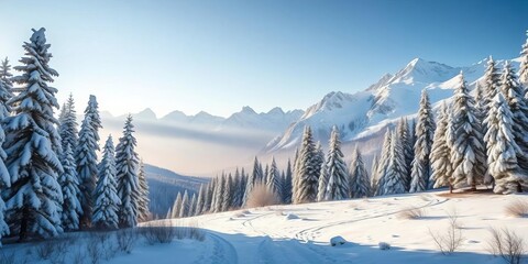 Serene winter hike through snow-covered mountain forest, majestic peaks,  white,  serenity