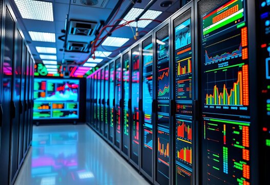Server room, data analysis, network visualization, colorful charts, digital technology,  innovation,  colorful