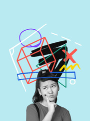 Creative artwork of thoughtful student with abstract geometric confusion above head. Concept of...