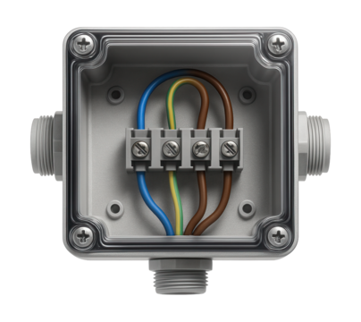 A surface-mounted junction box with a clear cover, allowing easy inspection of connections in an apartment basement.