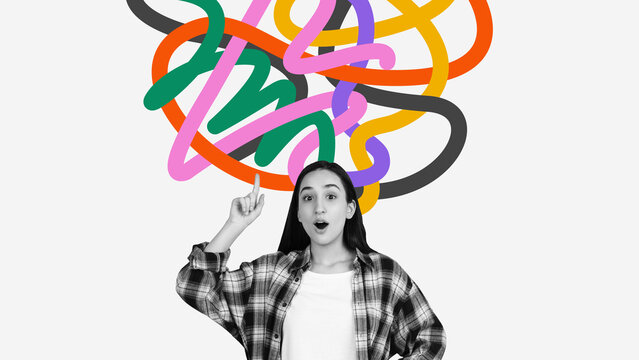 Colorful conceptual composition of surprised girl with tangled thought lines overhead. Concept of creative insight, active mind, mental exploration and expressive brainstorming in education.