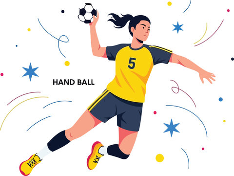 Female Handball Player Jumping and Throwing Ball Vector Illustration: Dynamic Athlete Action, Sport Competition, Team Game, Goal Scoring, Modern Design.
