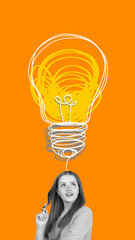 Surreal illustration of smiling girl with light bulb made of scribbles above head. Concept of...