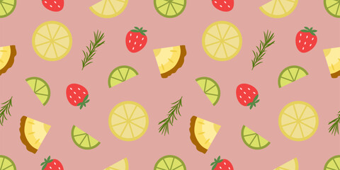 Colorful seamless pattern with tropical fruit slices,strawberries, lemons, limes, pineapples and herbs. Fun and summery design for packaging, invitations, wrapping, textiles and digital prints