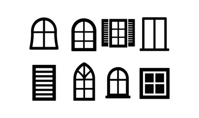 Window silhouette icon set. eight architectural, style symbols in silhouette format