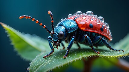Naklejka premium Close up macro shot of a colorful beetle with water droplets on a green leaf plant