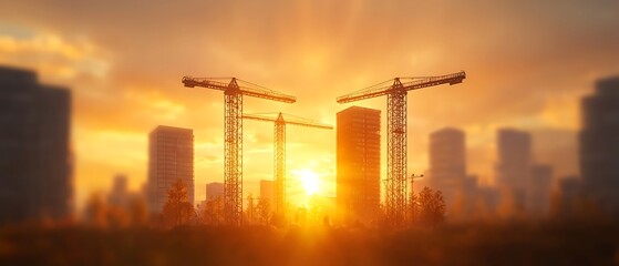 Construction Site Silhouettes at Sunset with Cranes and Buildings Against a Colorful Sky in Urban Environment