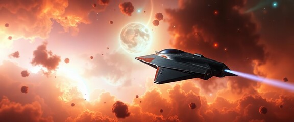 Sleek futuristic craft glides silently across a breathtaking nebula,  cosmos,  aircraft