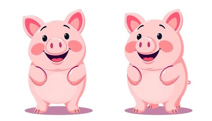 Smiling pink piggy banks, front and side views, flat vector design, business illustration,  financial,  happy