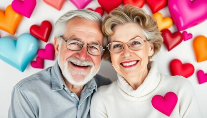 Smiling elderly couple surrounded by hearts, isolated on white, poster, elderly couple