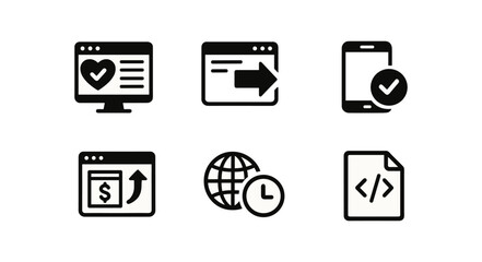 Web development solid icon set: coding, browser, mobile, and analytics tools