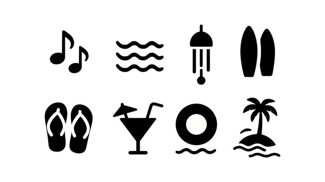 Music, beach silhouette icon set. summer vibes and holiday adventure symbols collection