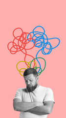 Contemporary artwork showing man pointing at abstract thought patterns. Concept of intense thinking...