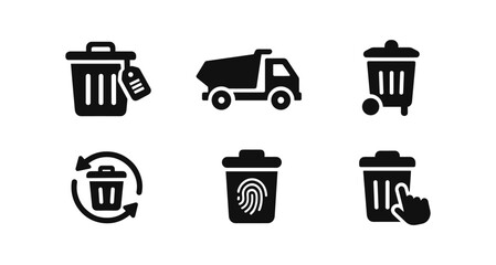 Trash and recycling solid icon set. waste management, disposal icons collection