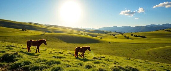Summer sun illuminates rolling hills, farm horses graze in lush green pastures, mountains in the distance,  vector,  beauty