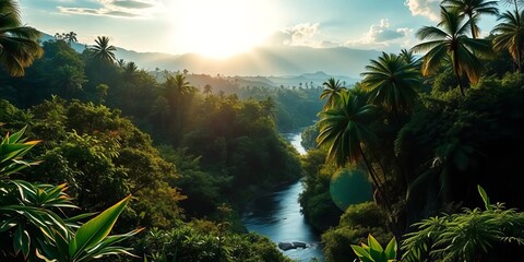 Sun-dappled jungle, lush foliage, winding river, distant misty mountains,  scenery,  vegetation
