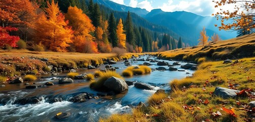 Serene autumn stream flows through mountain meadow; vibrant foliage, falling leaves, slate textures,  tranquil,  rocks