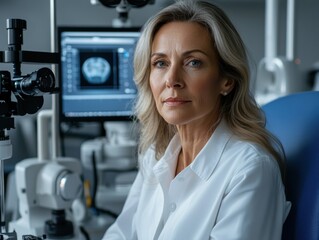 Serious Caucasian woman in medical office during examination