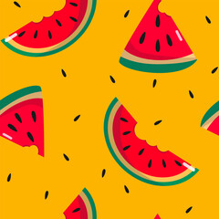 Seamless pattern of overbitten watermelon slices on an orange background