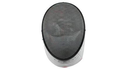 A top down view of a fencing mask with a metal mesh visor and white padding on a black background