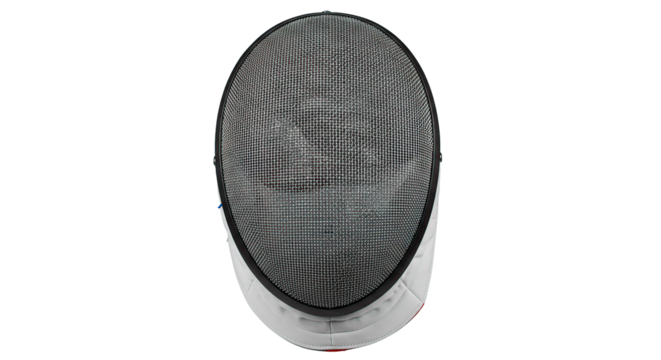 A top down view of a fencing mask with a metal mesh visor and white padding on a black background - Powered by Adobe
