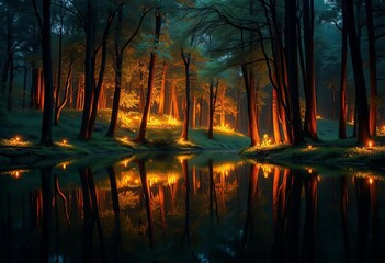 Serene forest bathed in warm candlelight, reflecting on still water, relaxation, forest