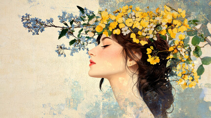Serene woman with floral crown, embodying beauty of nature and seasons, exuding tranquility and grace