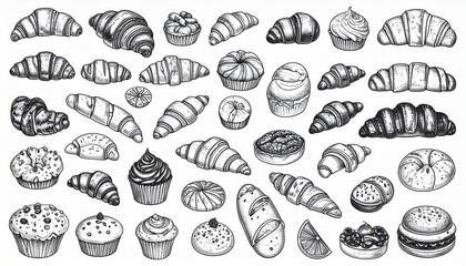Line drawing of various bakery items like croissants, bread, and muffins arranged aesthetically on white background, black contour lines