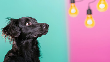 Black dog with curious expression is positioned against vibrant background of teal and pink, illuminated by hanging light bulbs