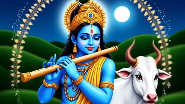 Lord krishna plays his flute under a full moon with a white cow
By Proshanto49
