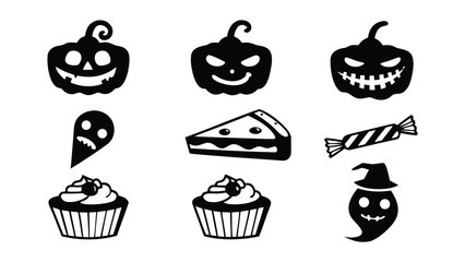 Illustration of halloween themed icons including pumpkins ghosts sweets and baked goods in black and white