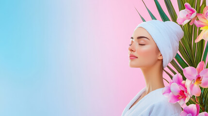 Radiant beauty with serene expression, wearing towel and surrounded by flowers, evokes tranquility and relaxation
